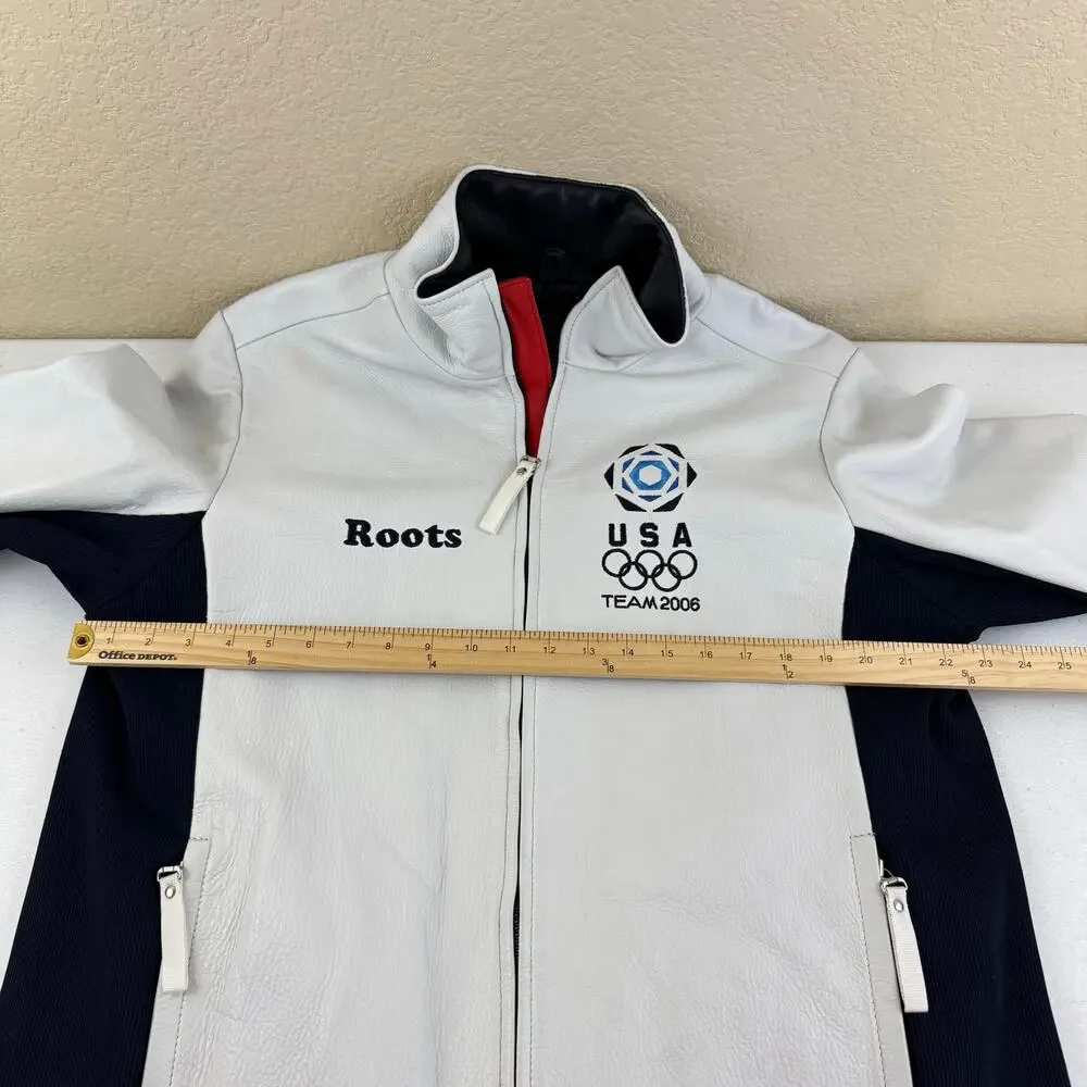ROOTS 2006 White Leather Olympic Jacket Team USA Torino Mens Size M